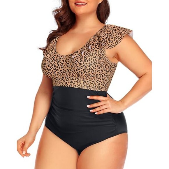 Daci Leopard Print Flounce One-Piece Swimsuit Retro Style Plus Size 20W - Picture 3 of 9